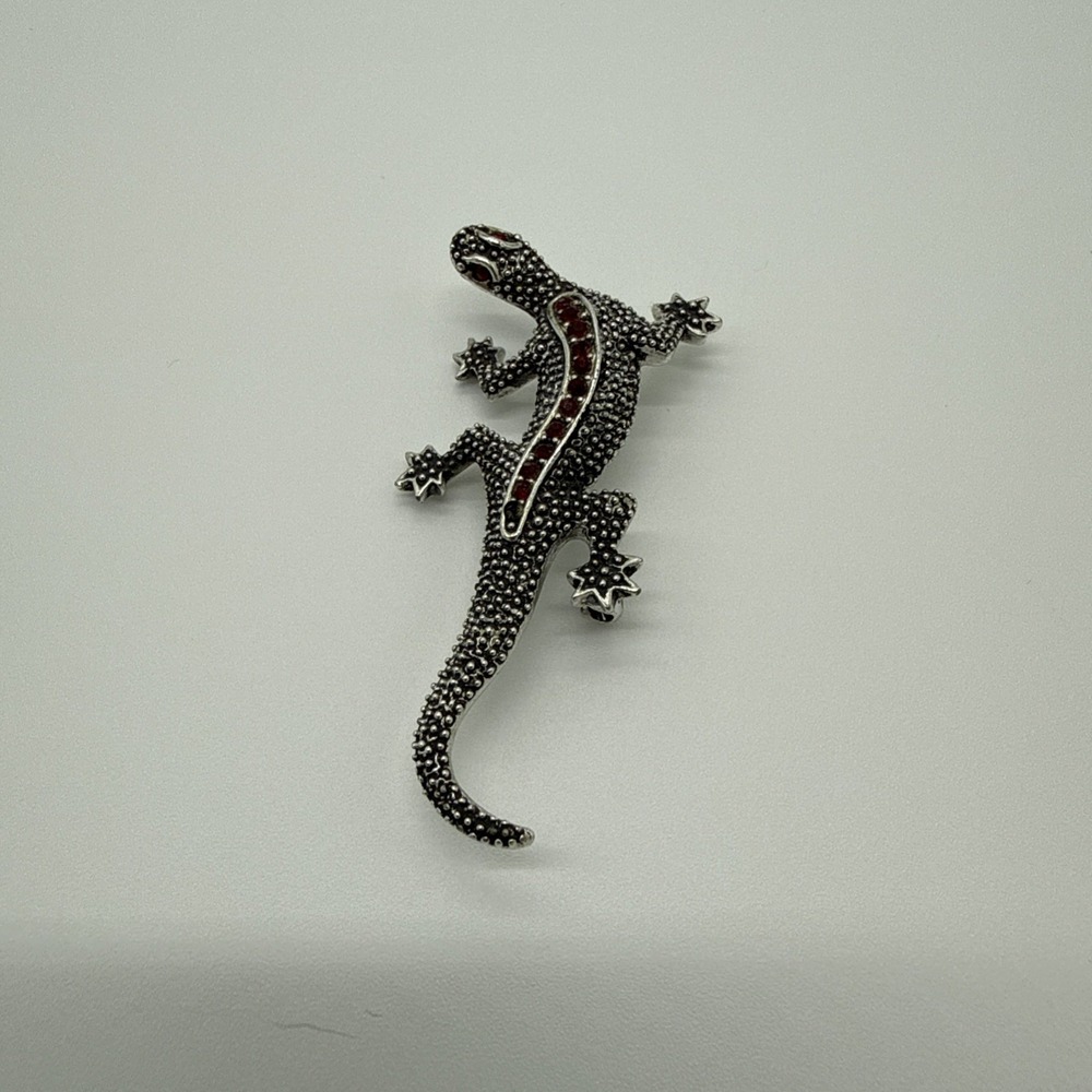 Emmons Vintage Gecko Lizard Red Rhinestone Silvertone Brooch Pin